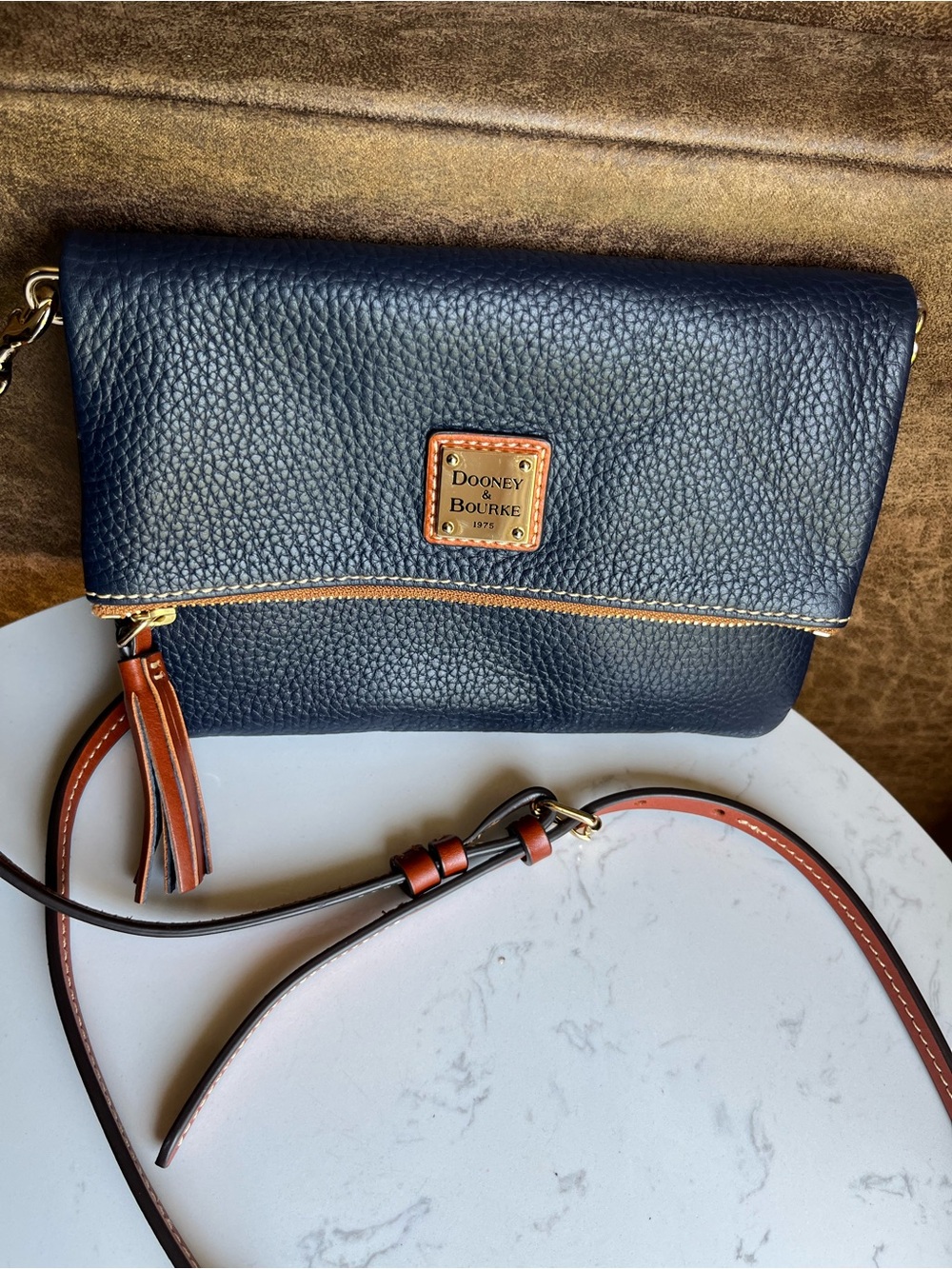Dooney & Bourke NWOT Navy Pebble Grain Foldover Zip Crossbody Bag Tassel
